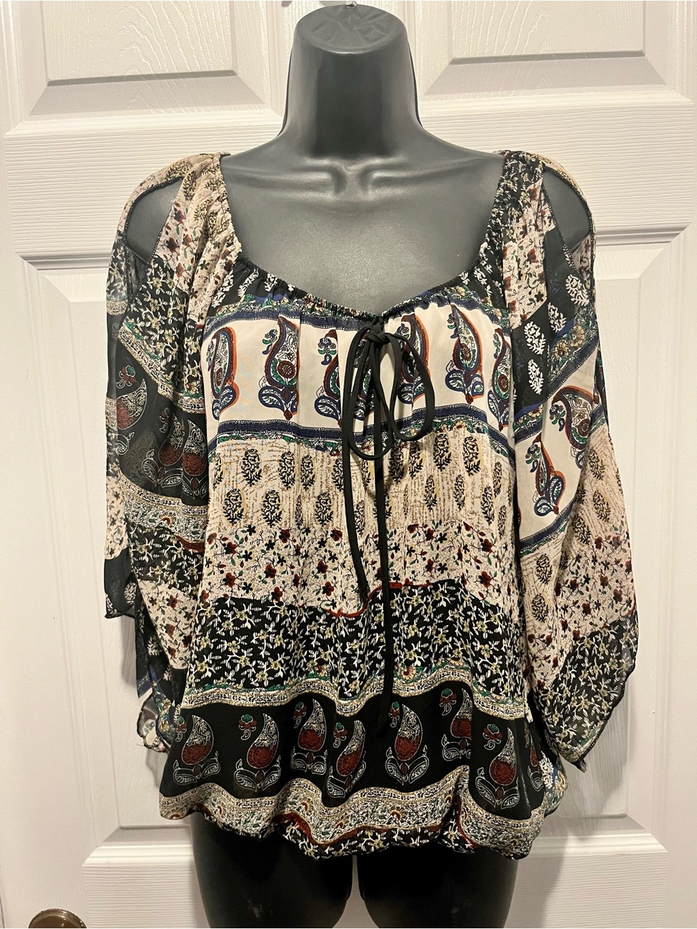 Y2K Vintage Limite Boho Blouse Top Paisley Open Sleeve Brown Cream Medium Women